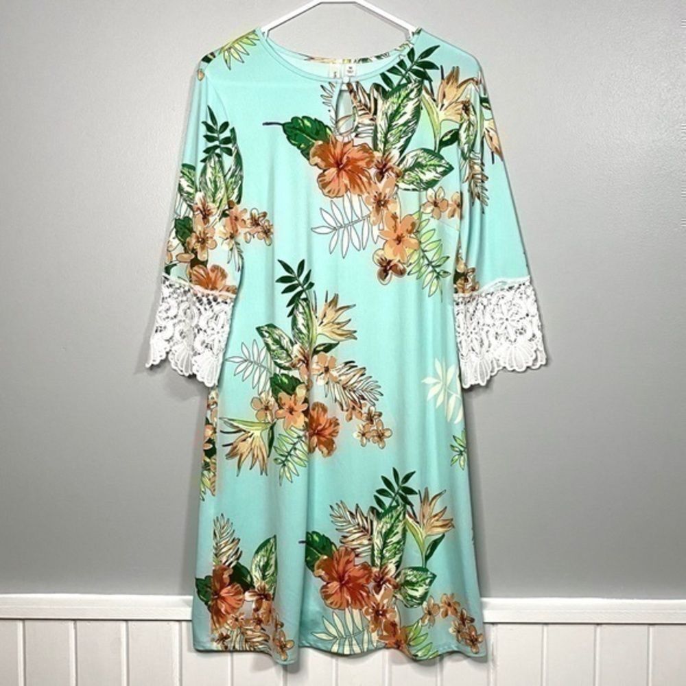 Tacera teal floral lace keyhole shift dress 291B7
